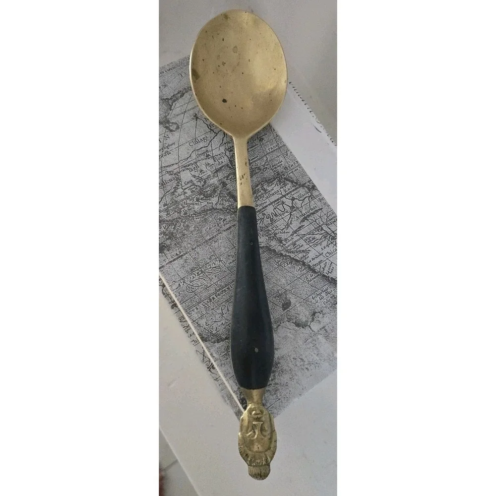 Antique Asian Woman - Brass & Teak Wood‎ Service Spoon & Fork - SZ L 12